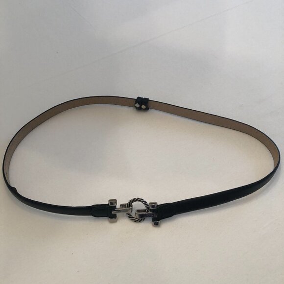 Vtg Black Skinny Leather Silvertone Round Belt Buckle  Slide Adjustable XL - Picture 4 of 7